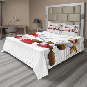 Ambesonne Christmas Sheet Set, Funny Christmas Santa Claus and Reindeer Peeking Cartoon Style Humor, Fitted and Flat Sheet with Pillowcases Bedding Accent 4 Piece Set, King, Vermilion Caramel White