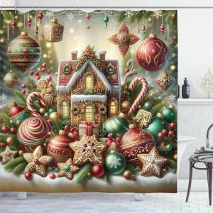Ambesonne Christmas Shower Curtain, Abstract Pattern Snowflake Motifs Curlicues on Baubles Season, Cloth Fabric Bathroom Decor Set with Hooks, 69″ W x 70″ L, Blue Pale Blue White(Green Brown and Dark Pink)
