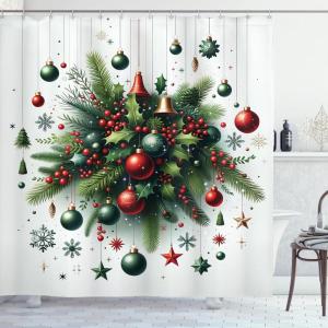 Ambesonne Christmas Shower Curtain, Abstract Pattern Snowflake Motifs Curlicues on Baubles Season, Cloth Fabric Bathroom Decor Set with Hooks, 69″ W x 70″ L, Blue Pale Blue White(Hunter Green Vermilion)
