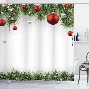 Ambesonne Christmas Shower Curtain, Abstract Pattern Snowflake Motifs Curlicues on Baubles Season, Cloth Fabric Bathroom Decor Set with Hooks, 69″ W x 70″ L, Blue Pale Blue White(Green Red)