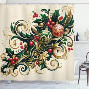 Ambesonne Christmas Shower Curtain, Abstract Pattern Snowflake Motifs Curlicues on Baubles Season, Cloth Fabric Bathroom Decor Set with Hooks, 69″ W x 70″ L, Blue Pale Blue White(Beige Green and Vermilion)
