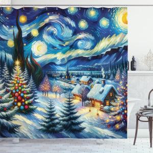 Ambesonne Christmas Shower Curtain, Abstract Pattern Snowflake Motifs Curlicues on Baubles Season, Cloth Fabric Bathroom Decor Set with Hooks, 69″ W x 70″ L, Blue Pale Blue White(Blue Evergreen and Mustard)