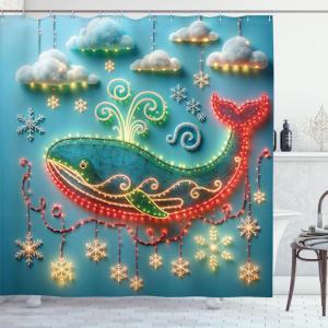 Ambesonne Christmas Shower Curtain, Abstract Pattern Snowflake Motifs Curlicues on Baubles Season, Cloth Fabric Bathroom Decor Set with Hooks, 69″ W x 70″ L, Blue Pale Blue White(Cream Sea Blue and Vermilion)