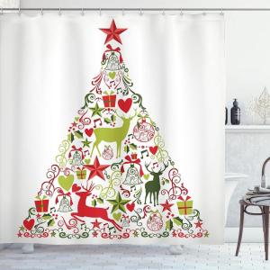 Ambesonne Christmas Shower Curtain, Balls Vintage Style Celebration Design Winter Season Wonderland Themed Snowflakes, Cloth Fabric Bathroom Decor Set with Hooks, 69″ W x 70″ L, Blue Tan(Green Red)