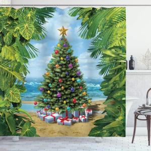 Ambesonne Christmas Shower Curtain, Balls Vintage Style Celebration Design Winter Season Wonderland Themed Snowflakes, Cloth Fabric Bathroom Decor Set with Hooks, 69″ W x 70″ L, Blue Tan(Green Blue Red)