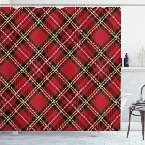 Ambesonne Christmas Shower Curtain, Balls Vintage Style Celebration Design Winter Season Wonderland Themed Snowflakes, Cloth Fabric Bathroom Decor Set with Hooks, 69″ W x 70″ L, Blue Tan(Scarlet Black)