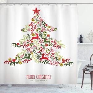 Ambesonne Christmas Shower Curtain, Balls Vintage Style Celebration Design Winter Season Wonderland Themed Snowflakes, Cloth Fabric Bathroom Decor Set with Hooks, 69″ W x 70″ L, Blue Tan(Red Green)