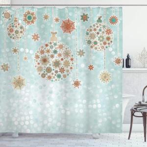 Ambesonne Christmas Shower Curtain, Balls Vintage Style Celebration Design Winter Season Wonderland Themed Snowflakes, Cloth Fabric Bathroom Decor Set with Hooks, 69″ W x 70″ L, Blue Tan(Blue Tan)