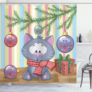 Ambesonne Christmas Shower Curtain, Holiday Season Office Design Tree Celebration Snowflakes Celebration, Cloth Fabric Bathroom Decor Set with Hooks, 69″ W x 75″ L, White Green Red(Cream Purple)