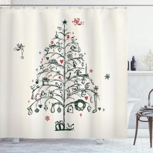 Ambesonne Christmas Shower Curtain, Nautical Elements Sea Life Theme with Noel Tree Winter Season, Cloth Fabric Bathroom Decor Set with Hooks, 69″ W x 70″ L, Beige Cream(Red and Green)