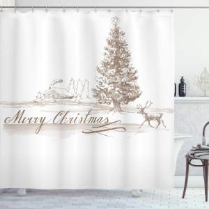 Ambesonne Christmas Shower Curtain, Nautical Elements Sea Life Theme with Noel Tree Winter Season, Cloth Fabric Bathroom Decor Set with Hooks, 69″ W x 70″ L, Beige Cream(Brown)