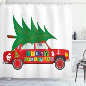 Ambesonne Christmas Shower Curtain, Nautical Elements Sea Life Theme with Noel Tree Winter Season, Cloth Fabric Bathroom Decor Set with Hooks, 69″ W x 70″ L, Beige Cream(Red Green)
