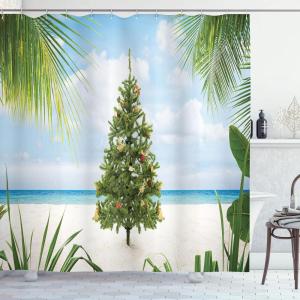 Ambesonne Christmas Shower Curtain, Nautical Elements Sea Life Theme with Noel Tree Winter Season, Cloth Fabric Bathroom Decor Set with Hooks, 69″ W x 70″ L, Beige Cream(Green Blue Cream)