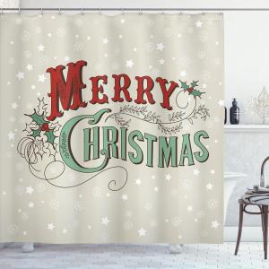 Ambesonne Christmas Shower Curtain, Rustic Wooden Backdrop with Snowflakes and Warm Traditional Celebration Print, Cloth Fabric Bathroom Decor Set with Hooks, 69″ W x 70″ L, Brown White(Eggshell Sea Green Ruby)