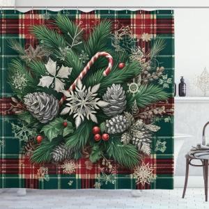 Ambesonne Christmas Shower Curtain, Rustic Wooden Backdrop with Snowflakes and Warm Traditional Celebration Print, Cloth Fabric Bathroom Decor Set with Hooks, 69″ W x 70″ L, Brown White(Green Grey and Ruby)