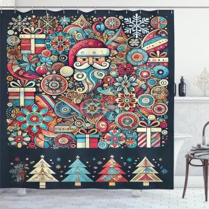 Ambesonne Christmas Shower Curtain, Rustic Wooden Backdrop with Snowflakes and Warm Traditional Celebration Print, Cloth Fabric Bathroom Decor Set with Hooks, 69″ W x 70″ L, Brown White(Slate Blue Multicolor)