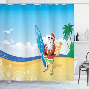 Ambesonne Christmas Shower Curtain, Rustic Wooden Backdrop with Snowflakes and Warm Traditional Celebration Print, Cloth Fabric Bathroom Decor Set with Hooks, 69″ W x 70″ L, Brown White(Yellow Blue)