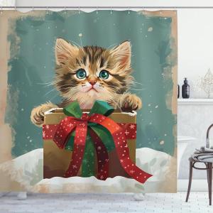 Ambesonne Christmas Shower Curtain, Rustic Wooden Backdrop with Snowflakes and Warm Traditional Celebration Print, Cloth Fabric Bathroom Decor Set with Hooks, 69″ W x 70″ L, Brown White(Cadet Blue Fawn Dark Pink)