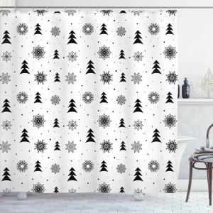 Ambesonne Christmas Shower Curtain, Rustic Wooden Backdrop with Snowflakes and Warm Traditional Celebration Print, Cloth Fabric Bathroom Decor Set with Hooks, 69″ W x 70″ L, Brown White(Black White)