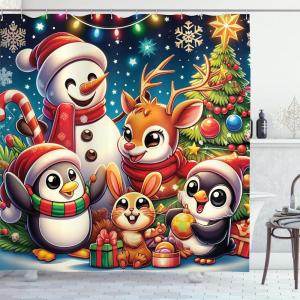 Ambesonne Christmas Shower Curtain, Rustic Wooden Backdrop with Snowflakes and Warm Traditional Celebration Print, Cloth Fabric Bathroom Decor Set with Hooks, 69″ W x 70″ L, Brown White(Green Red Multicolor)