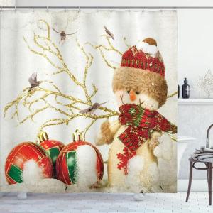 Ambesonne Christmas Shower Curtain, Rustic Wooden Backdrop with Snowflakes and Warm Traditional Celebration Print, Cloth Fabric Bathroom Decor Set with Hooks, 69″ W x 70″ L, Brown White(Red Beige White)