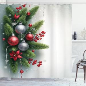 Ambesonne Christmas Shower Curtain, Rustic Wooden Backdrop with Snowflakes and Warm Traditional Celebration Print, Cloth Fabric Bathroom Decor Set with Hooks, 69″ W x 70″ L, Brown White(Off White Fern Green Ruby)