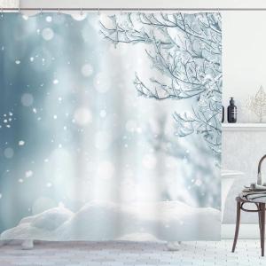 Ambesonne Christmas Shower Curtain, Rustic Wooden Backdrop with Snowflakes and Warm Traditional Celebration Print, Cloth Fabric Bathroom Decor Set with Hooks, 69″ W x 70″ L, Brown White(Slate Blue White)