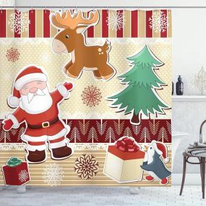 Ambesonne Christmas Shower Curtain, Santa with Reindeer and Penguin Toys Snow Winter Celebration Design, Cloth Fabric Bathroom Decor Set with Hooks, 69″ W x 70″ L, Ruby Cream