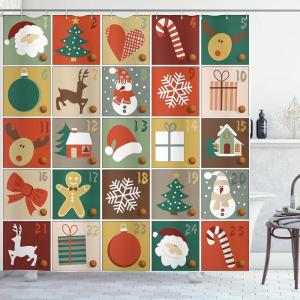 Ambesonne Christmas Shower Curtain, Traditional Celebration Theme Pendant Stars Baubles Ornate Snowflakes, Cloth Fabric Bathroom Decor Set with Hooks, 69″ W x 70″ L, Grey Red White(Vermilion)