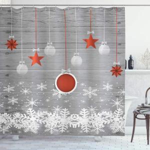 Ambesonne Christmas Shower Curtain, Traditional Celebration Theme Pendant Stars Baubles Ornate Snowflakes, Cloth Fabric Bathroom Decor Set with Hooks, 69″ W x 70″ L, Grey Red White(Grey Red White)