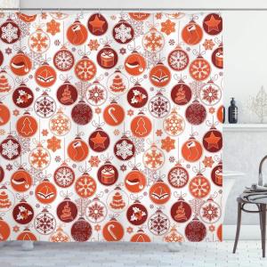 Ambesonne Christmas Shower Curtain, Traditional Celebration Theme Pendant Stars Baubles Ornate Snowflakes, Cloth Fabric Bathroom Decor Set with Hooks, 69″ W x 70″ L, Grey Red White(White Vermilion)