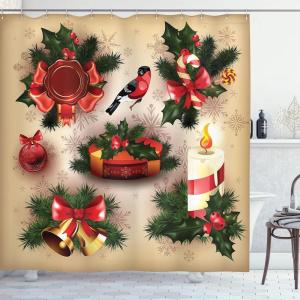 Ambesonne Christmas Shower Curtain, Traditional Celebration Theme Pendant Stars Baubles Ornate Snowflakes, Cloth Fabric Bathroom Decor Set with Hooks, 69″ W x 70″ L, Grey Red White(Multicolor Red)