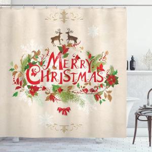 Ambesonne Christmas Shower Curtain, Traditional Celebration Theme Pendant Stars Baubles Ornate Snowflakes, Cloth Fabric Bathroom Decor Set with Hooks, 69″ W x 70″ L, Grey Red White(Green Red Tan)