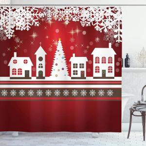 Ambesonne Christmas Shower Curtain, Traditional Celebration Theme Pendant Stars Baubles Ornate Snowflakes, Cloth Fabric Bathroom Decor Set with Hooks, 69″ W x 70″ L, Grey Red White(White and Red)