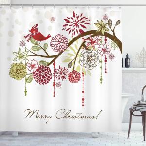 Ambesonne Christmas Shower Curtain, Traditional Celebration Theme Pendant Stars Baubles Ornate Snowflakes, Cloth Fabric Bathroom Decor Set with Hooks, 69″ W x 70″ L, Grey Red White(Green White)