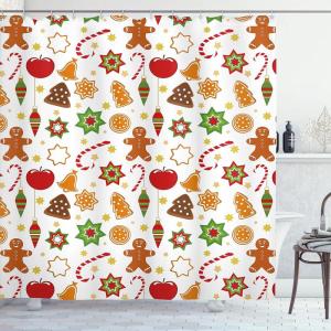 Ambesonne Christmas Shower Curtain, Traditional Celebration Theme Pendant Stars Baubles Ornate Snowflakes, Cloth Fabric Bathroom Decor Set with Hooks, 69″ W x 70″ L, Grey Red White(Red Cinnamon)