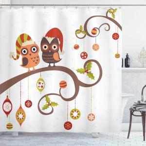 Ambesonne Christmas Shower Curtain, Traditional Celebration Theme Pendant Stars Baubles Ornate Snowflakes, Cloth Fabric Bathroom Decor Set with Hooks, 69″ W x 70″ L, Grey Red White(Brown Red)