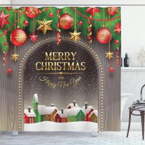 Ambesonne Christmas Shower Curtain, Traditional Celebration Theme Pendant Stars Baubles Ornate Snowflakes, Cloth Fabric Bathroom Decor Set with Hooks, 69″ W x 70″ L, Grey Red White(Red Green)