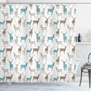 Ambesonne Christmas Shower Curtain, Traditional Celebration Theme Pendant Stars Baubles Ornate Snowflakes, Cloth Fabric Bathroom Decor Set with Hooks, 69″ W x 70″ L, Grey Red White(Turquoise Beige)