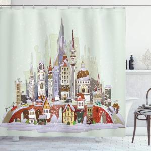 Ambesonne Christmas Shower Curtain, Traditional Celebration Theme Pendant Stars Baubles Ornate Snowflakes, Cloth Fabric Bathroom Decor Set with Hooks, 69″ W x 70″ L, Grey Red White(Green Lavender)