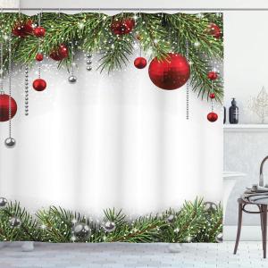 Ambesonne Christmas Shower Curtain, Traditional Celebration Theme Pendant Stars Baubles Ornate Snowflakes, Cloth Fabric Bathroom Decor Set with Hooks, 69″ W x 70″ L, Grey Red White(Green Silver White)