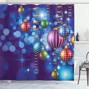 Ambesonne Christmas Shower Curtain, Traditional Celebration Theme Pendant Stars Baubles Ornate Snowflakes, Cloth Fabric Bathroom Decor Set with Hooks, 69″ W x 70″ L, Grey Red White(Indigo)