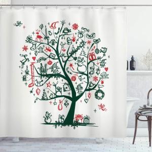 Ambesonne Christmas Shower Curtain, Tree with Tinsel and Ball with Present Wrap Ribbon Celebration Picture, Cloth Fabric Bathroom Decor Set with Hooks, 69″ W x 70″ L, Purple Grey(Green Vermilion)