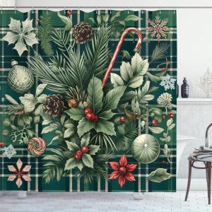 Ambesonne Christmas Shower Curtain, Tree with Tinsel and Ball with Present Wrap Ribbon Celebration Picture, Cloth Fabric Bathroom Decor Set with Hooks, 69″ W x 70″ L, Purple Grey(Jade Green and Vermilion)