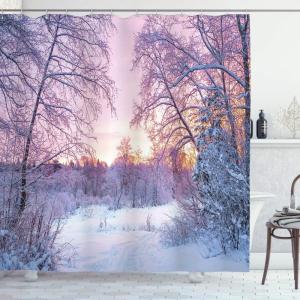 Ambesonne Christmas Shower Curtain, Tree with Tinsel and Ball with Present Wrap Ribbon Celebration Picture, Cloth Fabric Bathroom Decor Set with Hooks, 69″ W x 70″ L, Purple Grey(Lavander Lilac)
