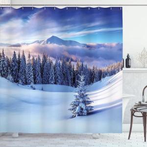Ambesonne Christmas Shower Curtain, Tree with Tinsel and Ball with Present Wrap Ribbon Celebration Picture, Cloth Fabric Bathroom Decor Set with Hooks, 69″ W x 70″ L, Purple Grey(White and Blue)
