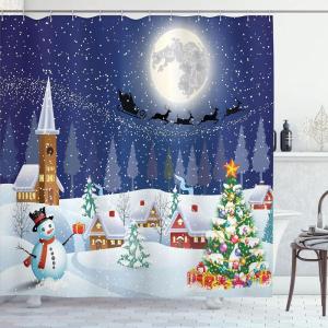 Ambesonne Christmas Shower Curtain, Tree with Tinsel and Ball with Present Wrap Ribbon Celebration Picture, Cloth Fabric Bathroom Decor Set with Hooks, 69″ W x 70″ L, Purple Grey(White Blue)