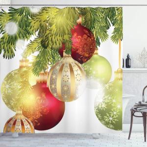 Ambesonne Christmas Shower Curtain, Tree with Tinsel and Ball with Present Wrap Ribbon Celebration Picture, Cloth Fabric Bathroom Decor Set with Hooks, 69″ W x 70″ L, Purple Grey(Multicolor Green)