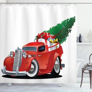 Ambesonne Christmas Shower Curtain, Tree with Tinsel and Ball with Present Wrap Ribbon Celebration Picture, Cloth Fabric Bathroom Decor Set with Hooks, 69″ W x 70″ L, Purple Grey(Red White)