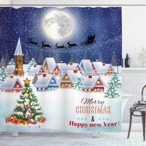 Ambesonne Christmas Shower Curtain, Tree with Tinsel and Ball with Present Wrap Ribbon Celebration Picture, Cloth Fabric Bathroom Decor Set with Hooks, 69″ W x 70″ L, Purple Grey(Navy White)